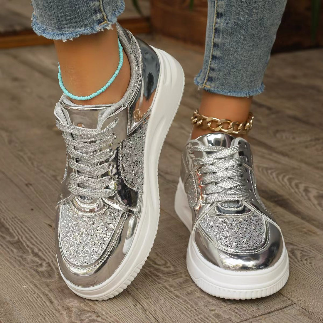 Women’s Sequin Lace-Up Sneakers – Non-Slip Thick-Sole Walking Shoes