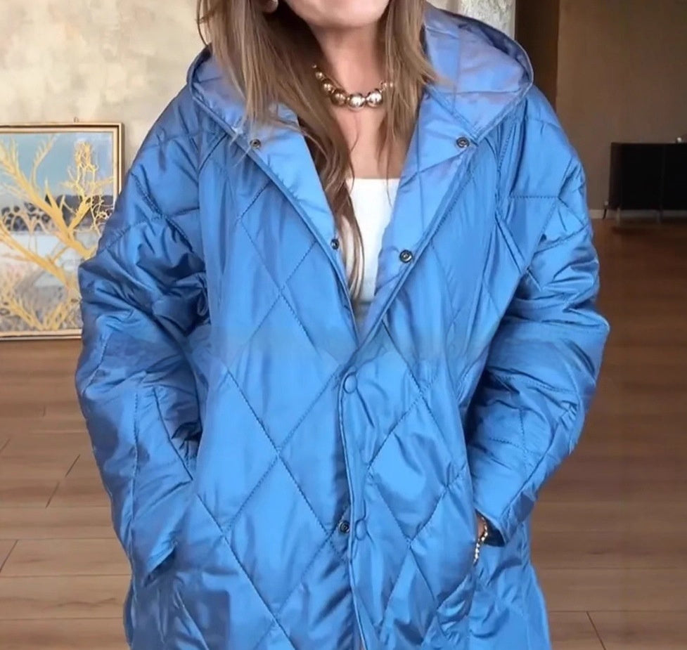Women’s Lightweight Quilted Hooded Jacket – Rhombus Pattern Winter Coat