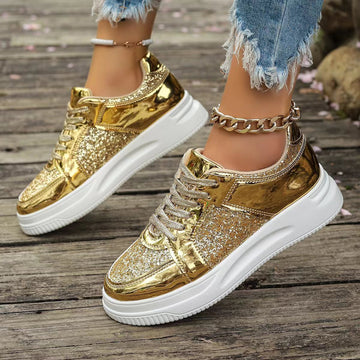 Women’s Sequin Lace-Up Sneakers – Non-Slip Thick-Sole Walking Shoes